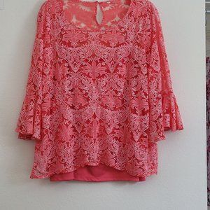 Beautiful and Fun Ladies 3X 2-Piece Top Coral 3/4 Length Sleeve with Ruffle